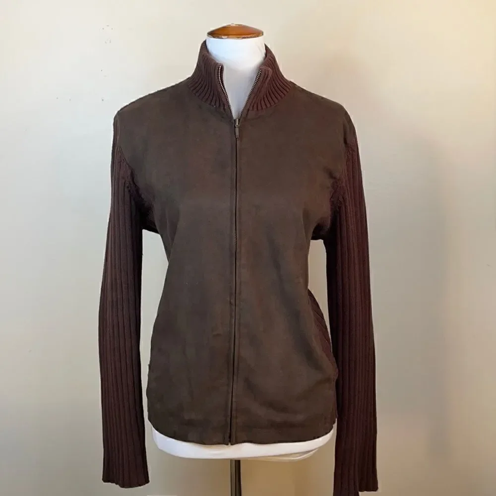 Jones New York Sport Brown Suede Mixed Media Full Zip Jacket (Size: Large)